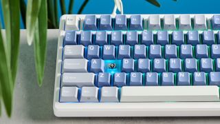 A Royal Kludge M75 wireless mechanical keyboard with blue keycaps