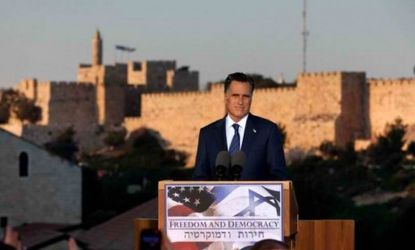 Mitt Romney delivers a speech outside the Old City in Jerusalem on July 29: During his speech Romney upset Palestinians by saying that he recognizes "the power of culture and a few other thin