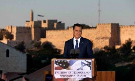 Mitt Romney delivers a speech outside the Old City in Jerusalem on July 29: During his speech Romney upset Palestinians by saying that he recognizes &amp;quot;the power of culture and a few other thin