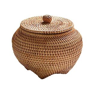 Round woven Rattan Box With Lid and round handle pull