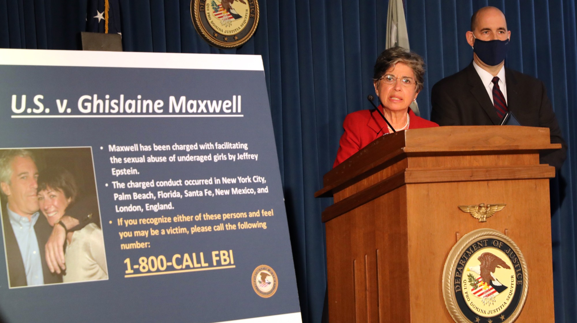 NEW YORK, NEW YORK - JULY 02: Acting United States Attorney for the Southern District of New York, Audrey Strauss, speaks to the media at a press conference to announce the arrest of Ghislaine Maxwell, the longtime girlfriend and accused accomplice of deceased accused sex-trafficker Jeffrey Epstein on July 02, 2020 in New York City. Maxwell, the British socialite and daughter of Robert Maxwell, was arrested in New Hampshire on Thursday morning and will be charged by New York federal prosecutors with six counts in connection with the ongoing federal investigation into Epstein's accomplices. (Photo by Spencer Platt/Getty Images)