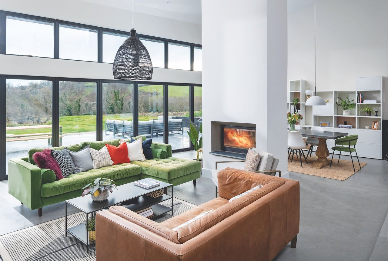 large modern fireplace in white living room