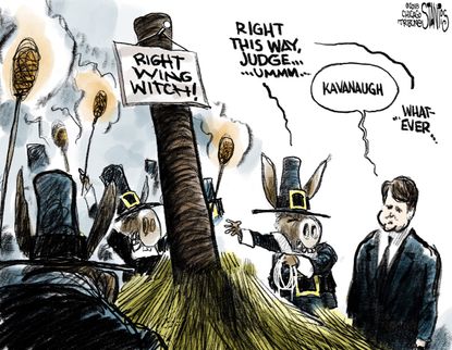 Political cartoon U.S. Brett Kavanaugh SCOTUS witch hunt right wing