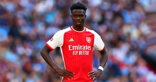 Arsenal star Bukayo Saka in action during The FA Community Shield match between Manchester City against Arsenal at Wembley Stadium on August 06, 2023 in London, England.