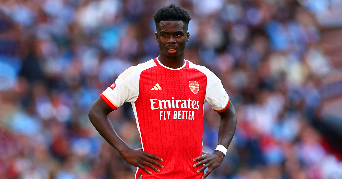 Arsenal star Bukayo Saka in action during The FA Community Shield match between Manchester City against Arsenal at Wembley Stadium on August 06, 2023 in London, England.