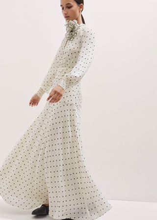 Silk Polka Dot Maxi Dress + Corsage