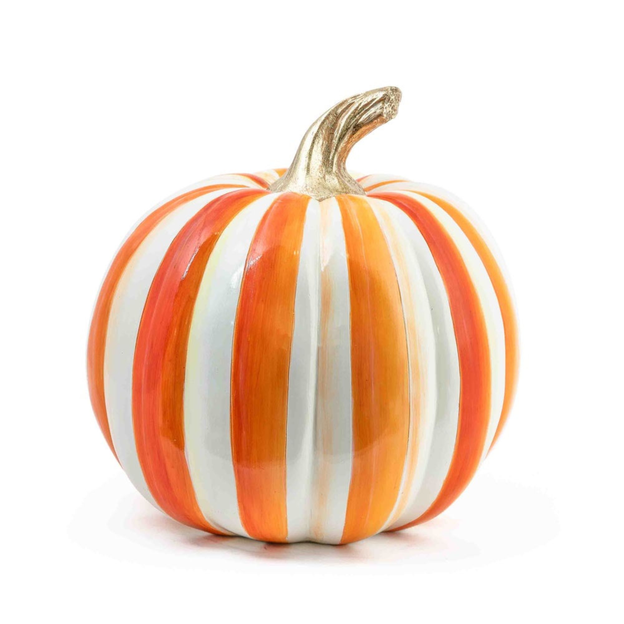 Orange and white striped resin pumpkin with gold stem