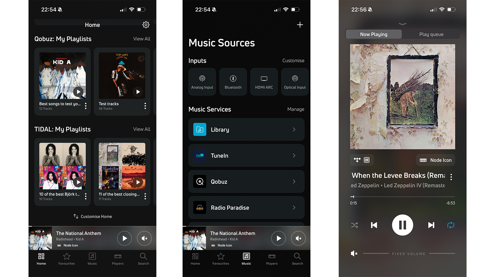 Bluesound Node Icon music streamer app on three smartphone screens