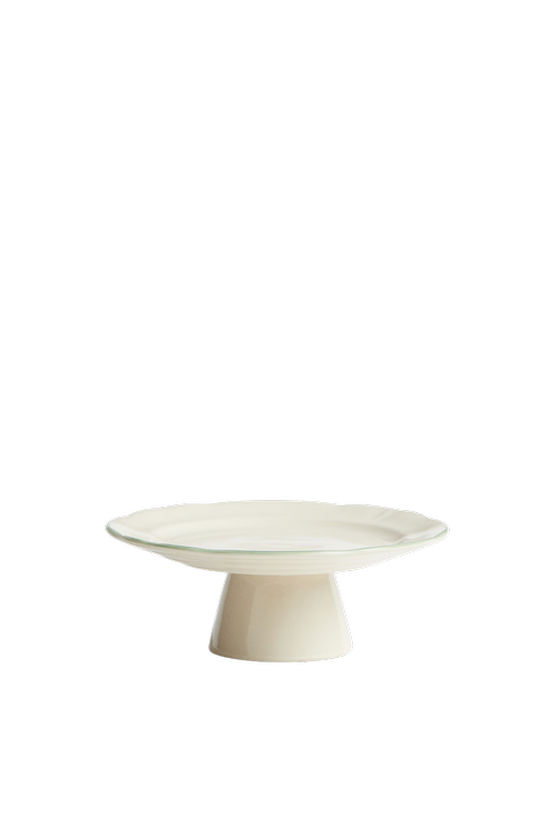 Small Stoneware Cake Stand in Light Beige and Green