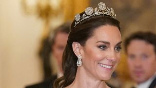 Catherine, Princess of Wales's tiara close up as she arrives for a a State Banquet at Buckingham Palace