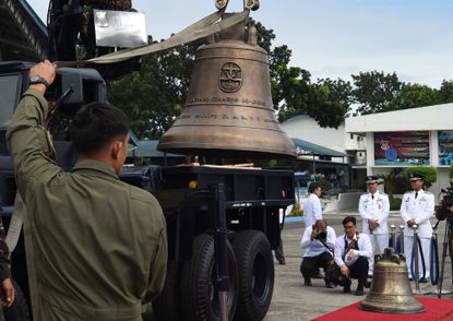 A Balangiga church bell after it arrived from the US at a military airbase in Manila.