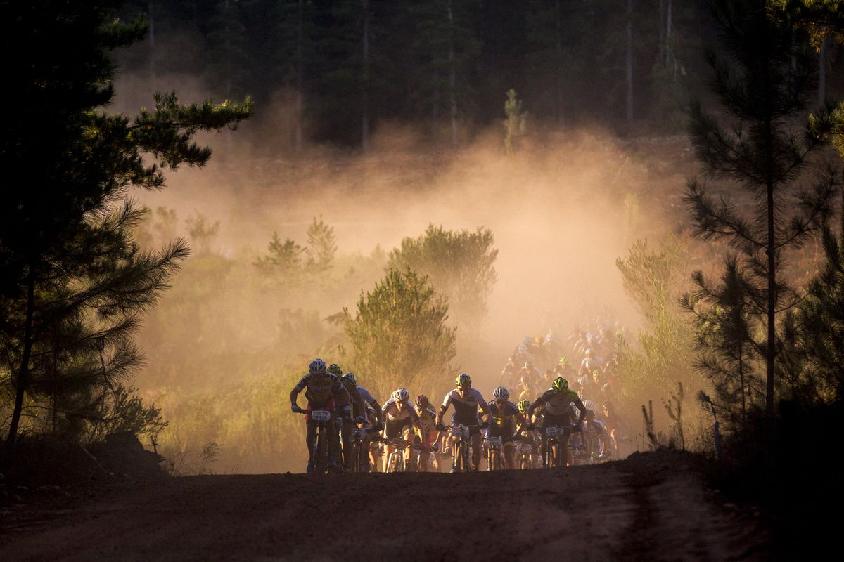 The lead bunch during stage 1 of the 2015 Absa Cape Epic
