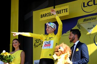 BARCELONNETTE FRANCE JULY 18 Tadej Pogacar of Slovenia and UAE Team Emirates celebrates at podium as Yellow Leader Jersey winner during the 111th Tour de France 2024 Stage 18 a 1795km stage from Gap to Barcelonnette 1134m UCIWT on July 18 2024 in Barcelonnette France Photo by Dario BelingheriGetty Images