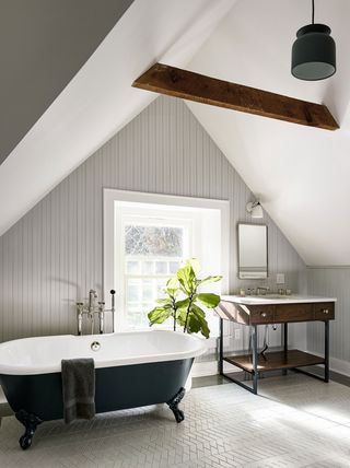 a beadboard panelled bathroom with a pitched roof