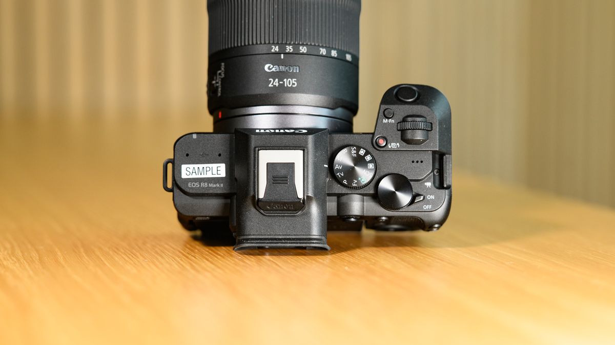 Top of the Canon EOS R8 Mark II on a wooden table