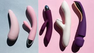 A collection of the different types of vibrators in pink, purple and white colors