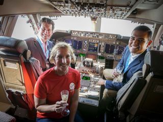 Inside Cosmic Girl's cockpit: (l to r) Virgin Oribt CEO Dan Hart, Virgin Orbit pilot Kelly Latimer, and Long Beach Mayor Robert Garcia.
