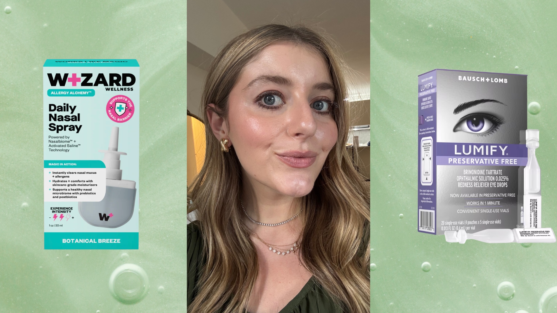 samantha holender in a green dress with eyeliner next to a green background with allergy products like wizard wellness nasal spray and lumify eye drops