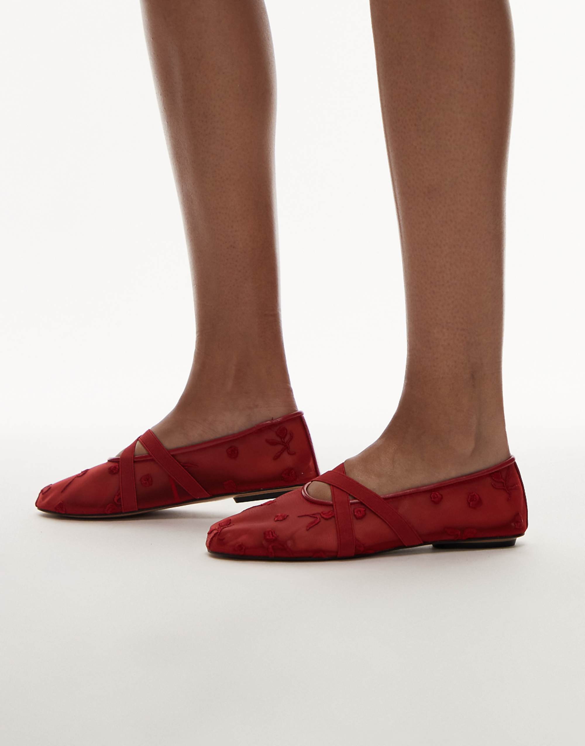 Mango Mesh Floral Detail Ballet Pump in Red