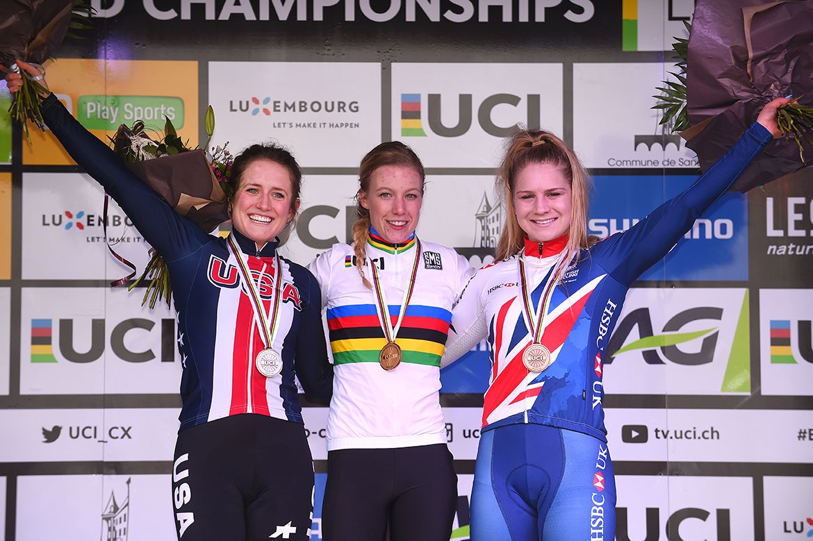 The top three finishers in the women's U23 race at cyclo-cross Worlds
