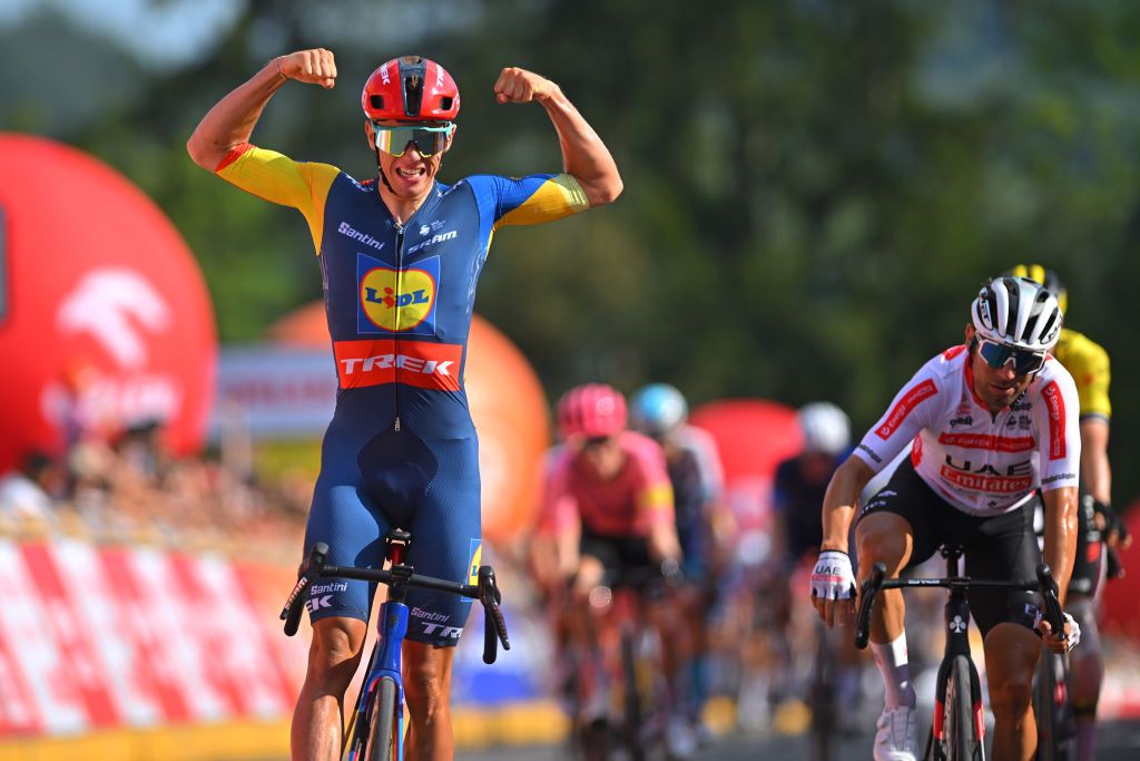 WALBRZYCH POLAND AUGUST 14 LR Thibau Nys of Belgium and Team LidlTrek celebrates at finish line as stage winner ahead of Diego Ulissi of Italy and UEA Team Emirates White Sprint Jersey during the 81st Tour de Pologne Stage 3 a 1565km stage from Walbrzych to DusznikiZdroj UCIWT on August 14 2024 in Walbrzych Poland Photo by Luc ClaessenGetty Images