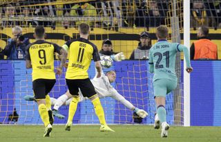 Barcelona’s goalkeeper Marc-Andre Ter Stegen made a superb double save following Dortmund’s penalty. (AP)