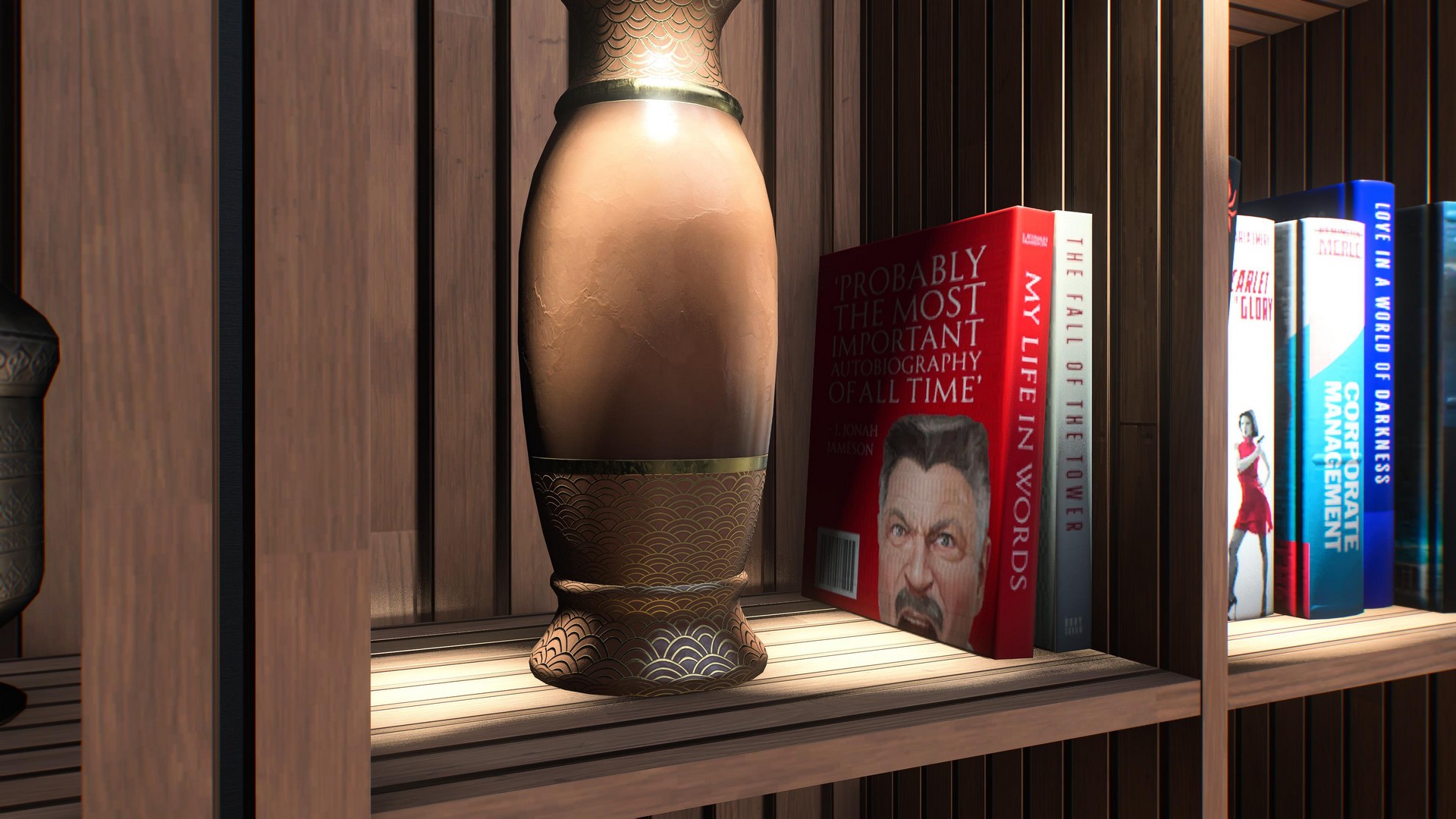 J Jonah Jameson's autobiography - the often enraged reporter from Spider-Man - sits on a bookshelf in Marvel's Wolverine, with a mugshot showing his face