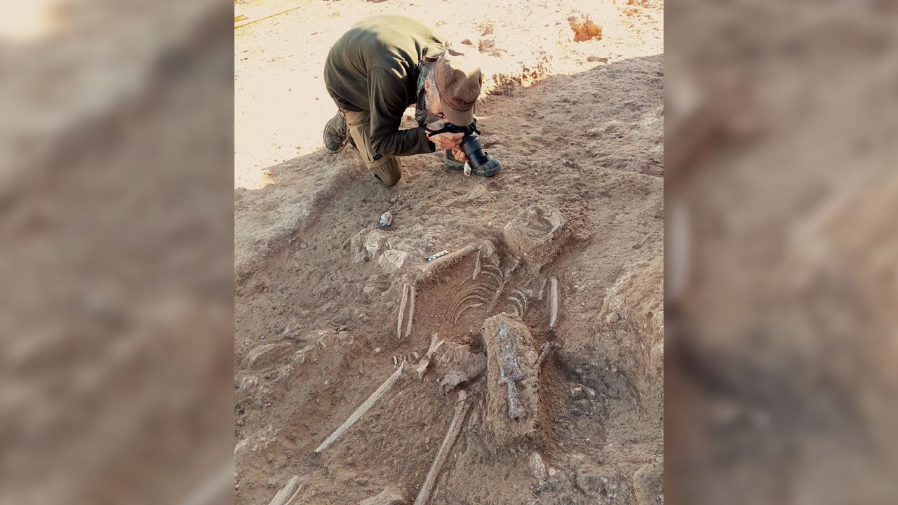 a man takes a photo of a skeleton found during an excavation