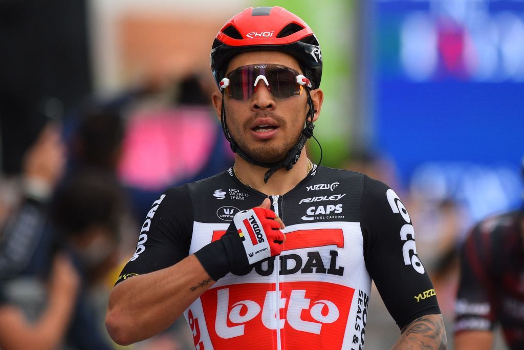 Team LottoSoudal rider Australias Caleb Ewan celebrates as he crosses the finish line to win the seventh stage of the Giro dItalia 2021 cycling race 181 km between Notaresco and Termoli on May 14 2021 Photo by Dario BELINGHERI AFP Photo by DARIO BELINGHERIAFP via Getty Images