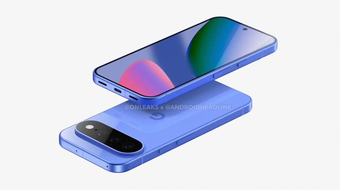 An alleged render of the Google Pixel 11 in a blue colorway, showing off almost no change from the Pixel 10, with a 6.3-inch display, rounded corners, and a raised pill-shaped camera bar.