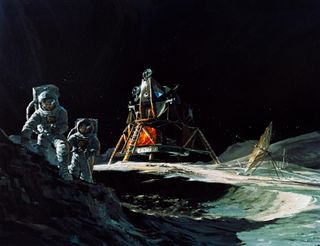 An artist's depiction of Apollo 13 astronauts at work on the moon.