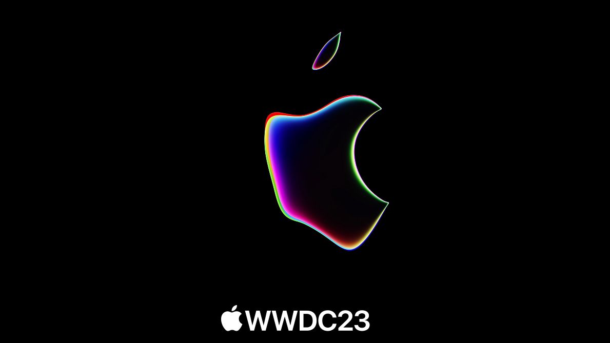 Apple rainbow logo in a shape shifted form with WWDC 2023 written underneath in white letters