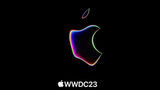 Apple rainbow logo in a shape shifted form with WWDC 2023 written underneath in white letters