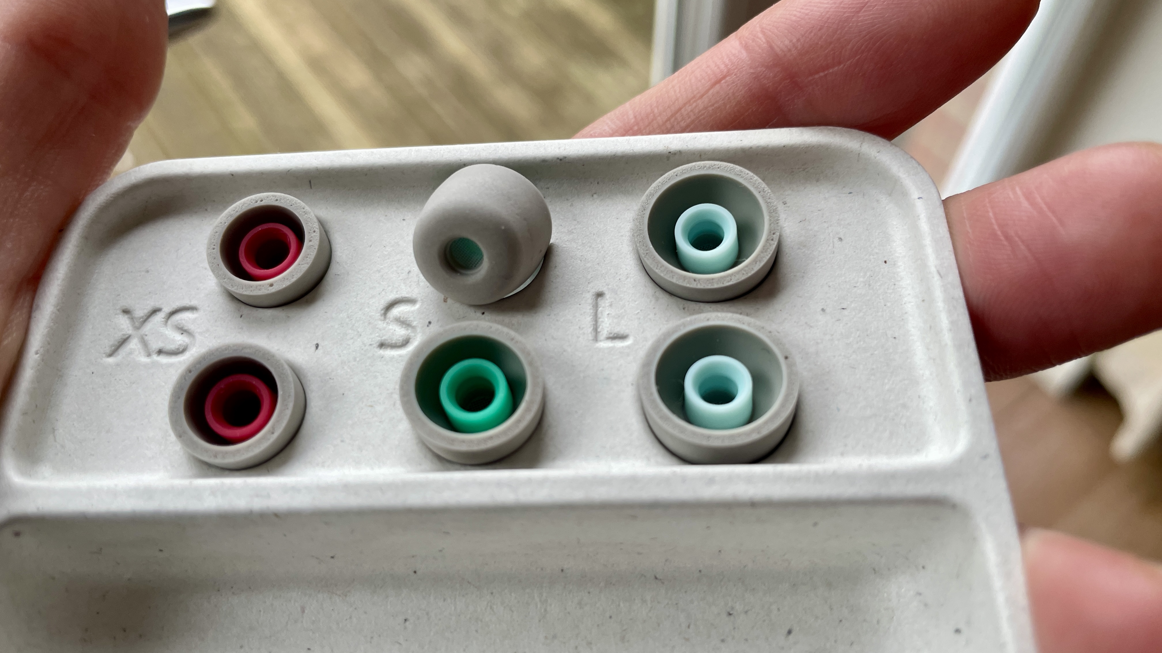 Sony WF-1000XM6 earbuds tips, held in a hand