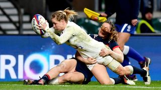 Danielle Waterman of England scores a try during the Women's Six Nations rugby tournament.