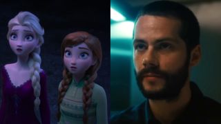 Anna and Elsa looking surprised in Frozen 2 and Dylan O&#039;Brien in All Too Well short film