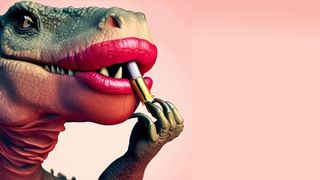 A dinosaur putting on lipstick.