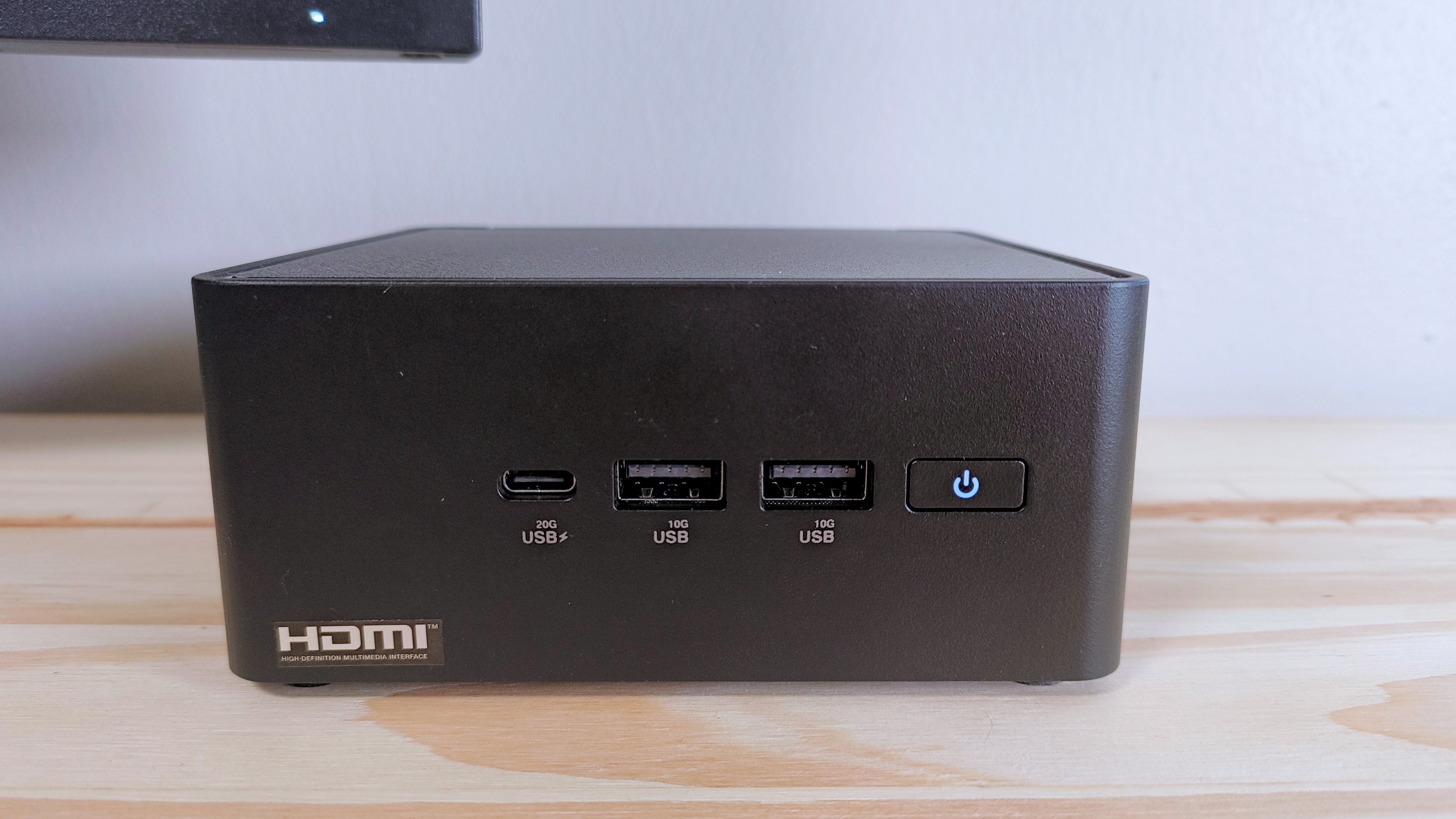 Close up of the ports on the front of the Asus NUC 14 Pro