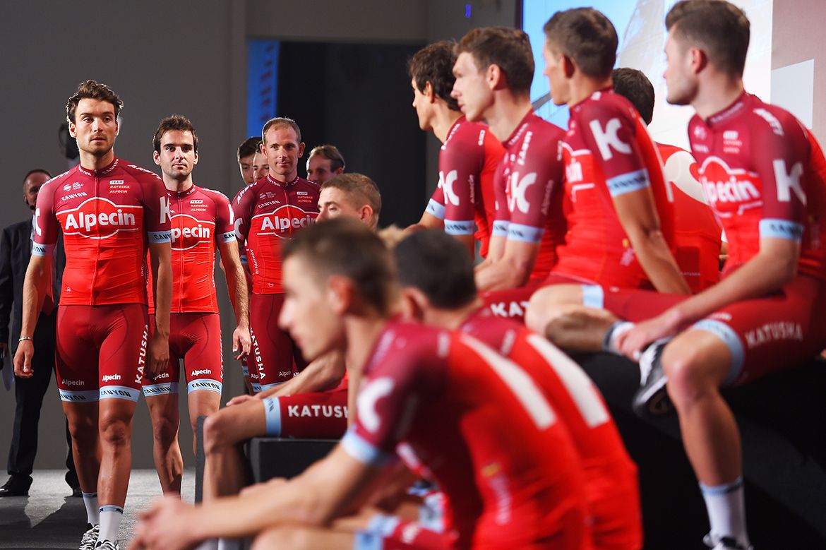 The riders of Katusha-Alpecin get ready for the presentation
