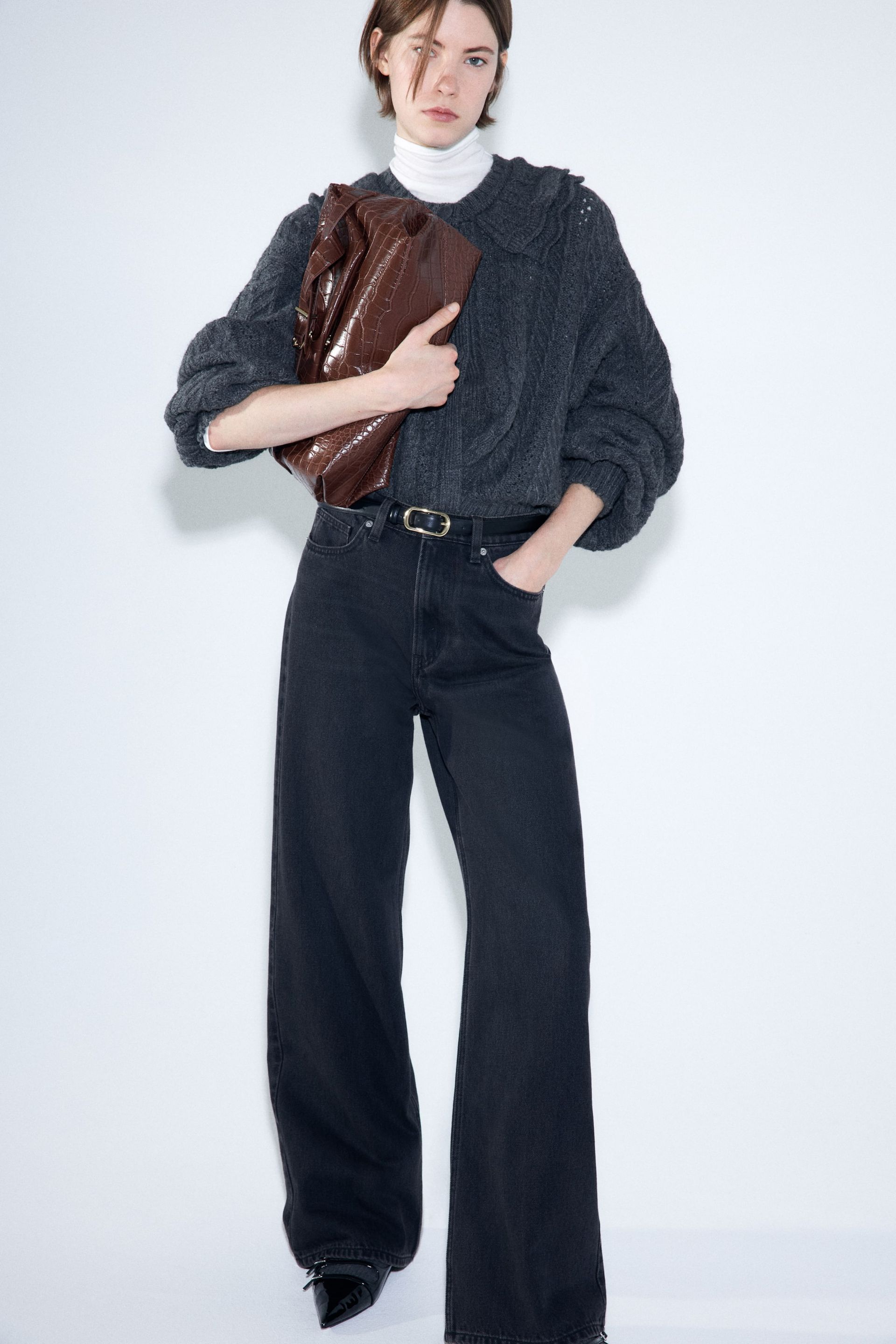 Cable-Knit Cardigan With Collar - Dark Gray