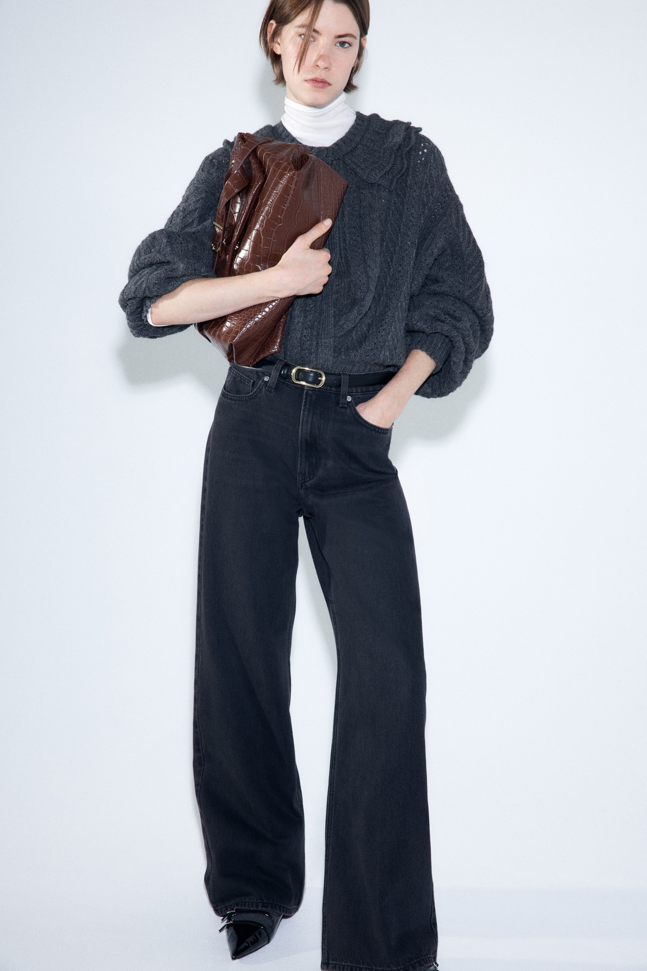 Cable-Knit Cardigan With Collar - Dark Gray