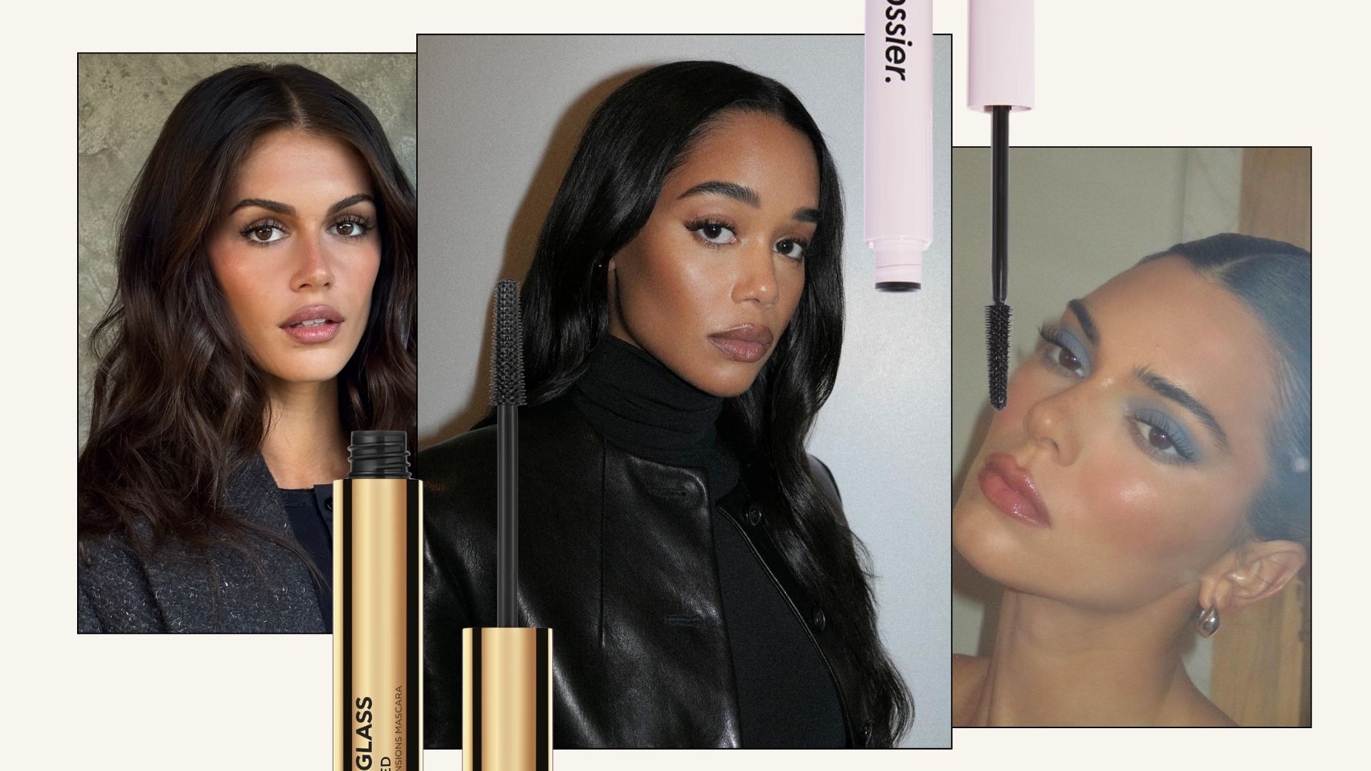 Collage of Kaia Gerber, Laura Harrier and Kendall Jenner with mascaras