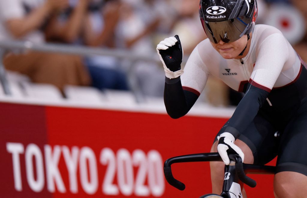 Japans Yuka Kobayashi celebrates after qualifying for the quarterfinals after competing in a first round heat of the womens track cycling keirin event during the Tokyo 2020 Olympic Games at Izu Velodrome in Izu Japan on August 4 2021 Photo by Odd ANDERSEN AFP Photo by ODD ANDERSENAFP via Getty Images