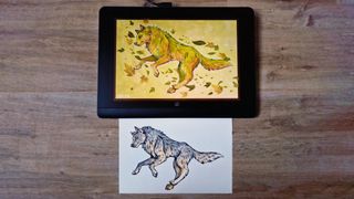 A photo showing an original watercolour illustration vs the digital version on the XPPen artist pro tablet