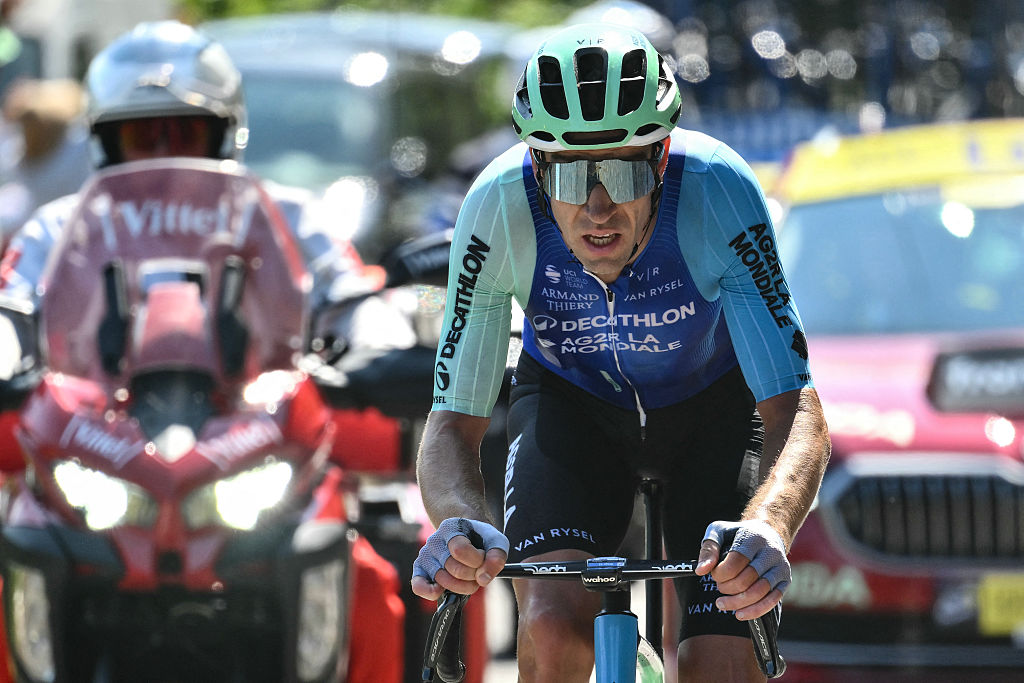 Decathlon AG2R La Mondial Team's French rider Bruno Armirail cycles in a lone breakaway during the 12th stage of the 112th edition of the Tour de France cycling race, 180.6 km between Auch and Hautacam, in the Pyrenees mountains of southwestern France, on July 17, 2025. (Photo by Marco BERTORELLO / AFP) (Photo by MARCO BERTORELLO/AFP via Getty Images)