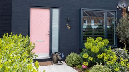 Dark house with pink door and lush front garden