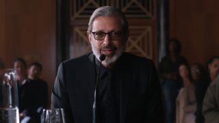 Jeff Goldblum speaking into a microphone in Jurassic World: Fallen Kingdom.