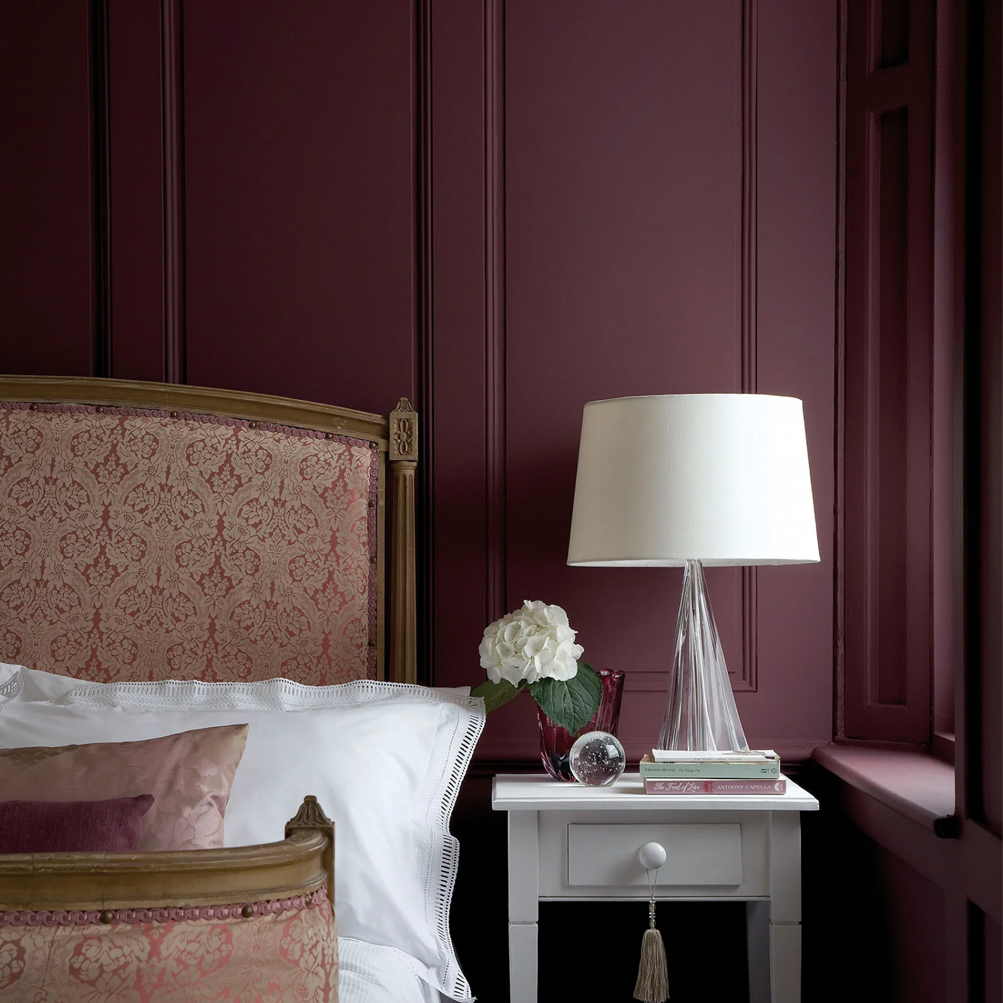 Little Greene Adventurer aubergine paint in a bedroom