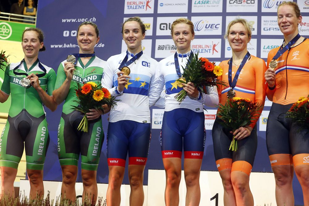 The women's Madison podium: Ireland, Great Britain and Netherlands