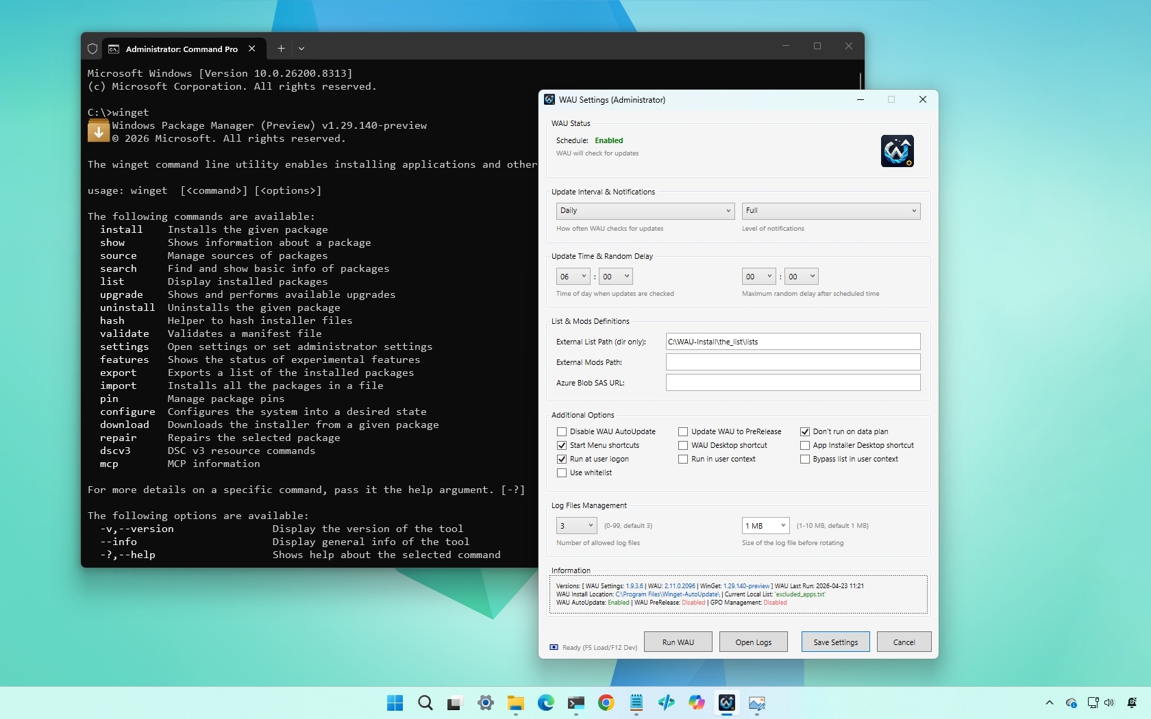 A Windows desktop displaying two open windows. On the left, a Command Prompt window shows text about winget commands. On the right, a WAU Settings window with multiple input fields and options.